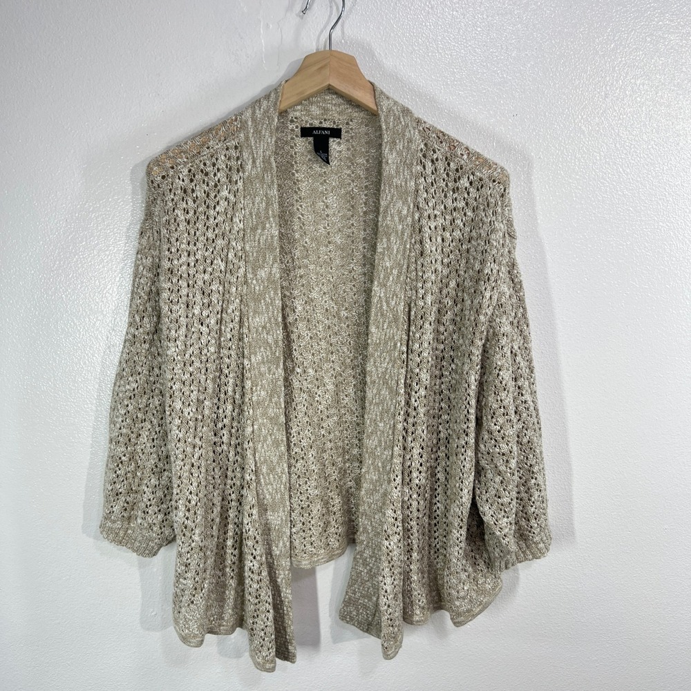 ALFANI Women's Beige Open Knit Crochet Cardigan Sweater Open Front Large Boho